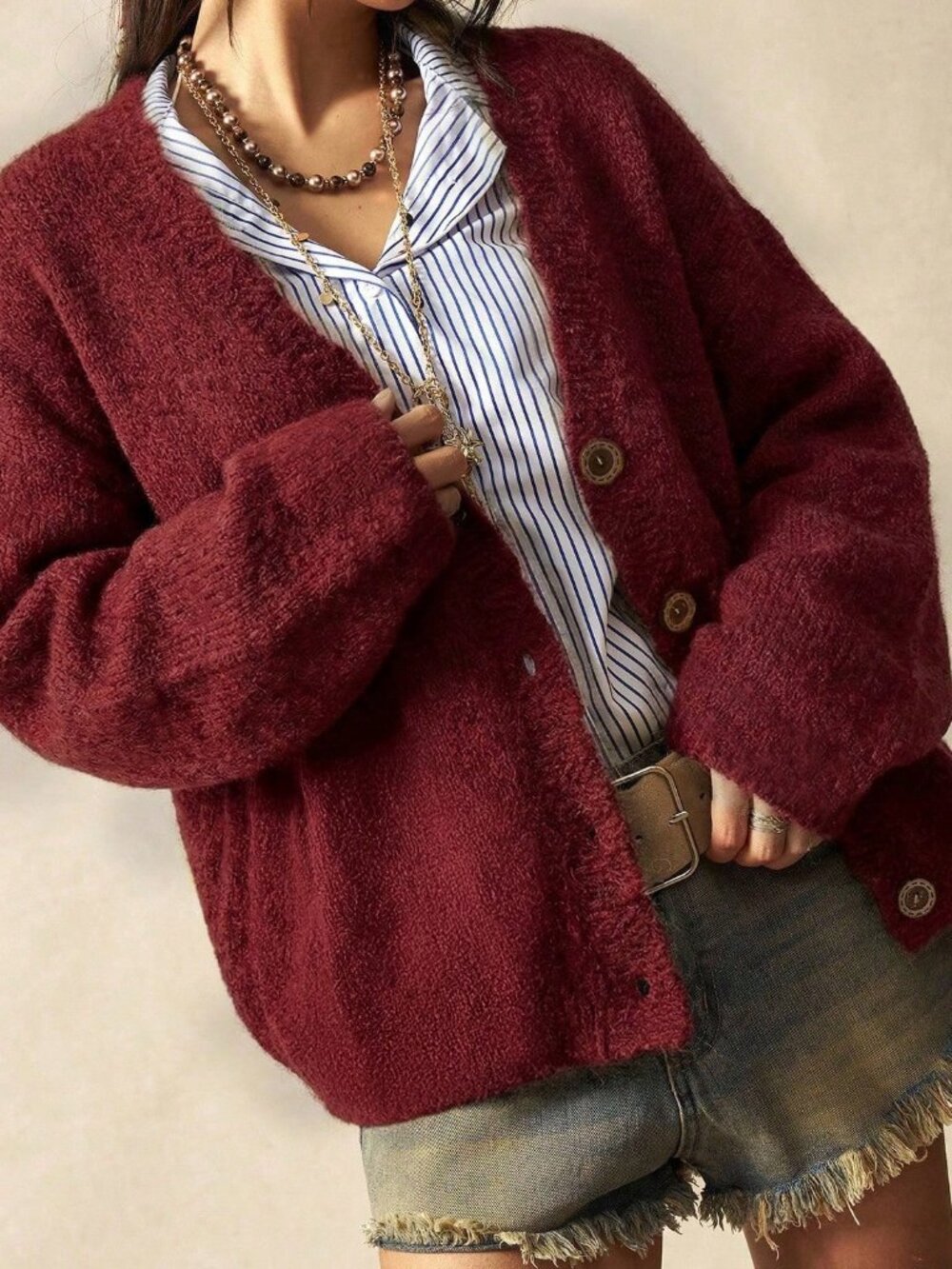 Burgundy Casual Women's Loose Front Button Long Sleeve Knit Cardigan - Picture 8 of 8